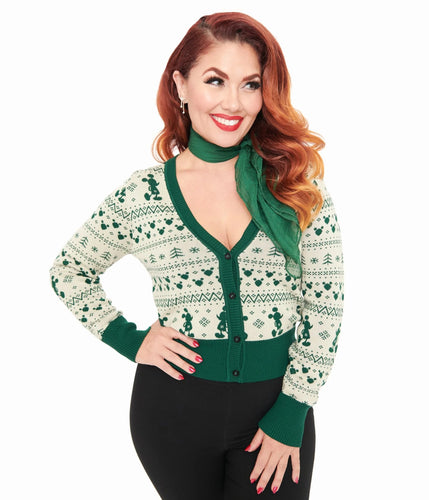 Disney Holiday Collection By Unique Vintage Green Mickey Fair Isle Jacquard Sweater Cardigan