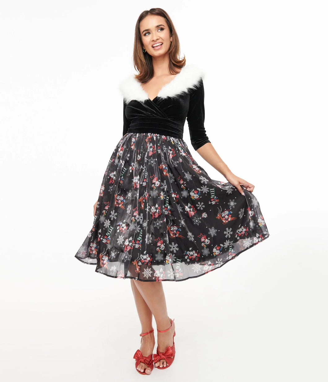 Disney Holiday Collection By Unique Vintage Minnie & Mickey Fur Collared Marceline Swing Dress