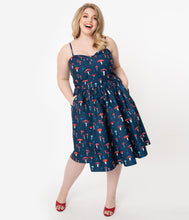 Load image into Gallery viewer, Unique Vintage Plus Size 1950s Navy Mushroom Print Darcy Swing Dress