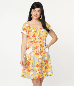 Unique Vintage Mustard & Red Rooster Print Fit & Flare Dress